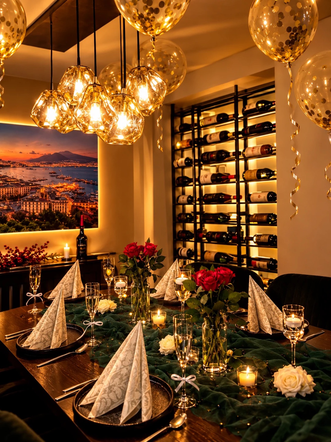 Festlich gedeckter Geburtstagstisch mit goldenen Konfetti-Ballons, Rosen, Kerzen und Sektgläsern im Restaurant L'Antica Pizzeria Stuttgart-Süd